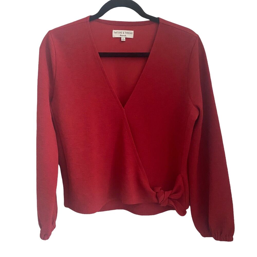 Madewell Small Blouse Crepe Wrap Top Red Balloon Sleeve Texture